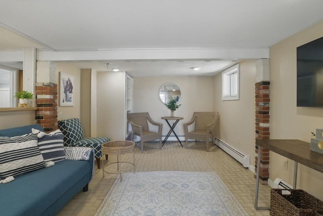 129 Northern Blvd, Newbury, MA 01951 - living area featuring baseboard heating, brick patterned flooring, and baseboards