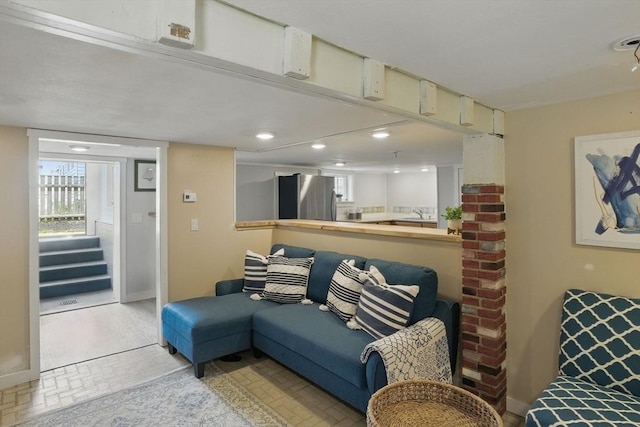 129 Northern Blvd, Newbury, MA 01951 - living area featuring recessed lighting, baseboards, and brick patterned floors