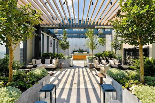 exterior space with an outdoor living space and a pergola