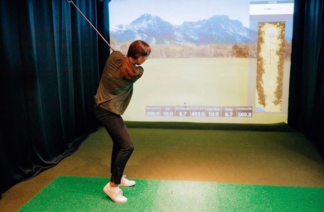 interior details featuring carpet flooring and golf simulator