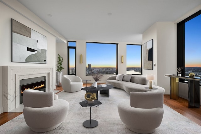 living room featuring light hardwood / wood-style floors, floor to ceiling windows, and a premium fireplace