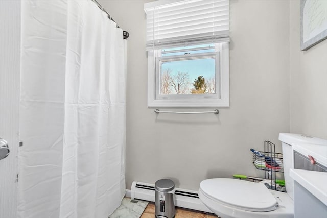 bathroom featuring baseboards, baseboard heating, toilet, and curtained shower
