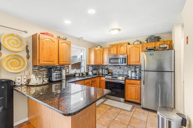 kitchen with appliances with stainless steel finishes, a sink, dark stone countertops, a peninsula, and backsplash