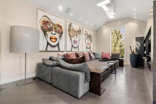 living room featuring lofted ceiling