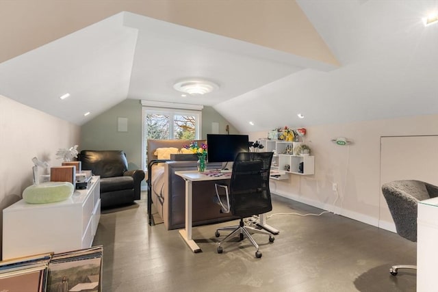 office with lofted ceiling and wood-type flooring