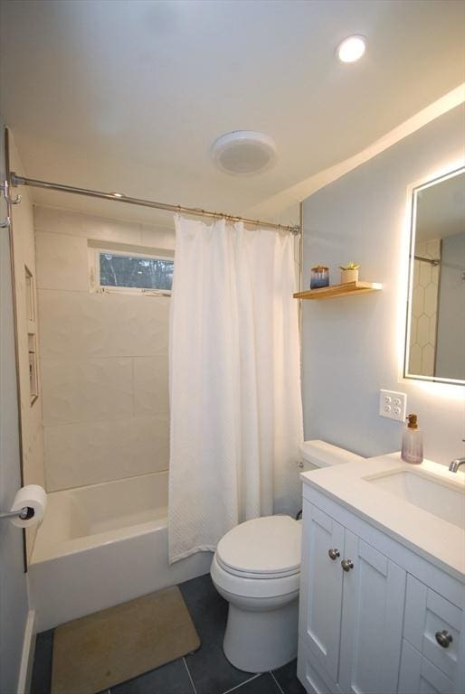 full bath with toilet, shower / tub combo with curtain, tile patterned floors, vanity, and recessed lighting