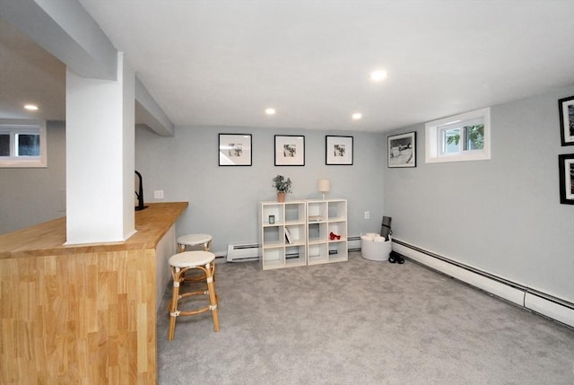 playroom featuring carpet floors, a baseboard radiator, a baseboard heating unit, and recessed lighting