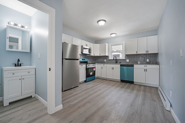 kitchen with white cabinetry, appliances with stainless steel finishes, and a baseboard radiator