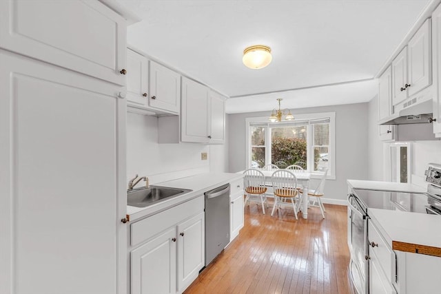 kitchen featuring a sink, stainless steel appliances, under cabinet range hood, and white cabinetry