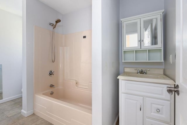 bathroom featuring shower / washtub combination, baseboards, vanity, and tile patterned floors