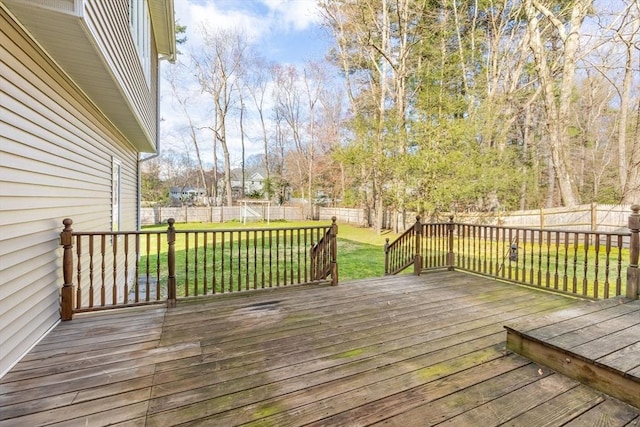 wooden deck featuring a lawn and a fenced backyard