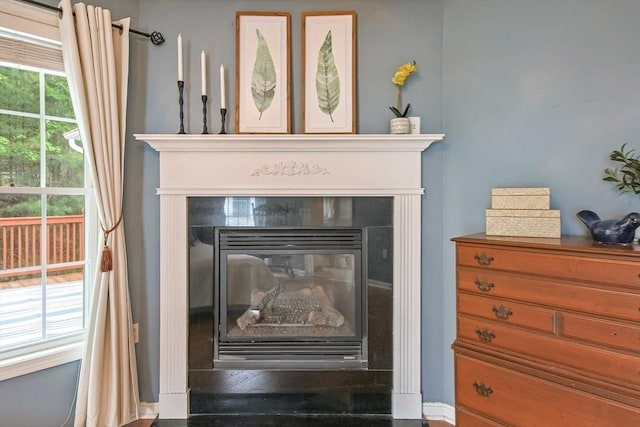 detailed view of a glass covered fireplace