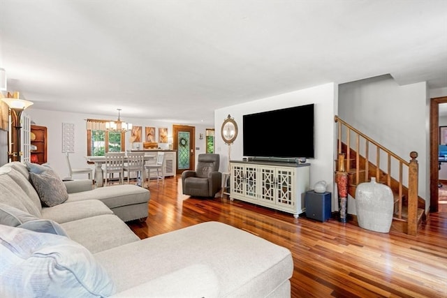 115 Depot, Boxford, MA 01921 - living room featuring wood finished floors, a chandelier, and stairway