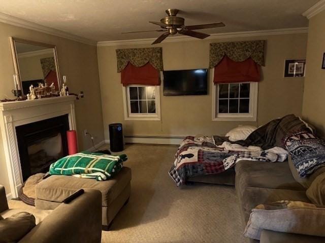 carpeted living room featuring ceiling fan, crown molding, and a baseboard radiator