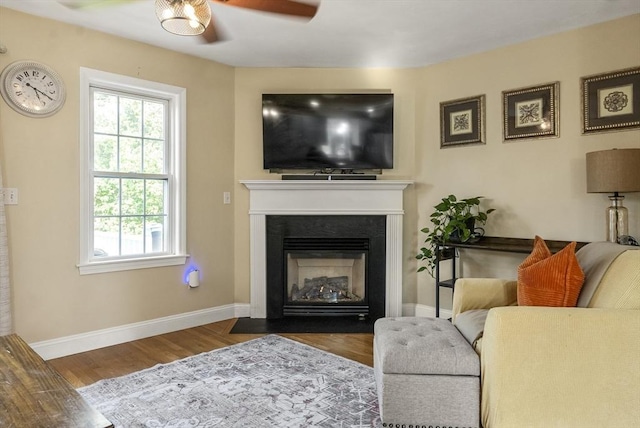20 Copper Lantern Ln Unit 20, Carver, MA 02330 - living area featuring ceiling fan, wood finished floors, a fireplace with flush hearth, and baseboards