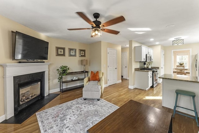 20 Copper Lantern Ln Unit 20, Carver, MA 02330 - living room with baseboards, wood finished floors, a ceiling fan, a glass covered fireplace, and recessed lighting
