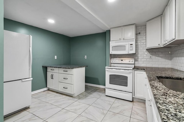 39 High, Haverhill, MA 01832 - kitchen featuring white appliances, white cabinetry, tasteful backsplash, light marble finish floors, and a peninsula