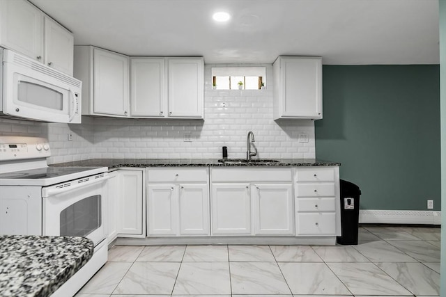 39 High, Haverhill, MA 01832 - kitchen with white appliances, light marble finish flooring, white cabinets, and dark stone countertops