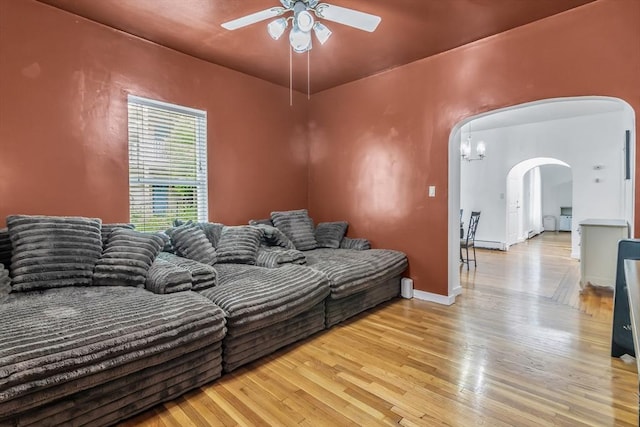39 High, Haverhill, MA 01832 - living room featuring arched walkways, ceiling fan, and wood finished floors