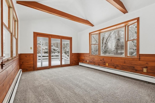 interior space with carpet, lofted ceiling with beams, a baseboard radiator, and wooden walls