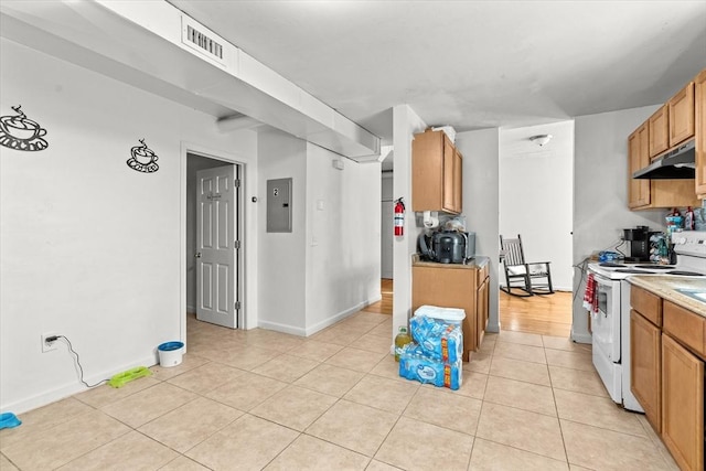 15 Russell St, Worcester, MA 01609 - kitchen with electric range, under cabinet range hood, electric panel, light tile patterned flooring, and light countertops