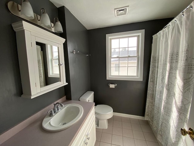 bathroom featuring toilet, visible vents, baseboards, vanity, and tile patterned floors