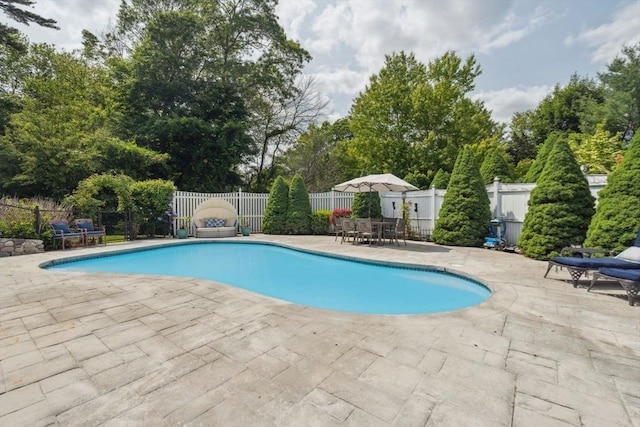 5 Red Tail Run, Canton, MA 02021 - view of swimming pool with a patio, a fenced backyard, outdoor dining area, and view of wooded area