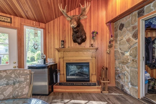 50 Kienia Rd, Hudson, NH 03051 - living area with a glass covered fireplace, wood ceiling, wooden walls, lofted ceiling, and wood finished floors