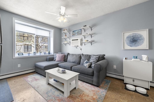 151 W 6th St Unit 1, Boston, MA 02127 - living room with a baseboard radiator, a textured ceiling, ceiling fan, and a wall mounted air conditioner