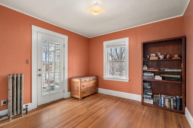 interior space with crown molding, a healthy amount of sunlight, radiator, and light wood-type flooring