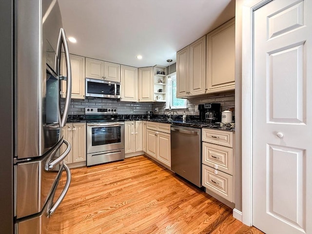 1 Fieldstone Way, Hopedale, MA 01747 - kitchen with appliances with stainless steel finishes, open shelves, light wood-type flooring, decorative backsplash, and a sink