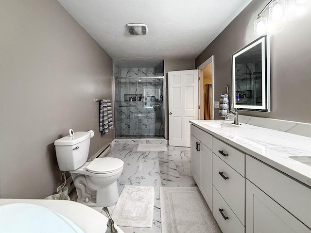 1 Fieldstone Way, Hopedale, MA 01747 - bathroom with marble look tiles, double vanity, a shower stall, toilet, and baseboard heating