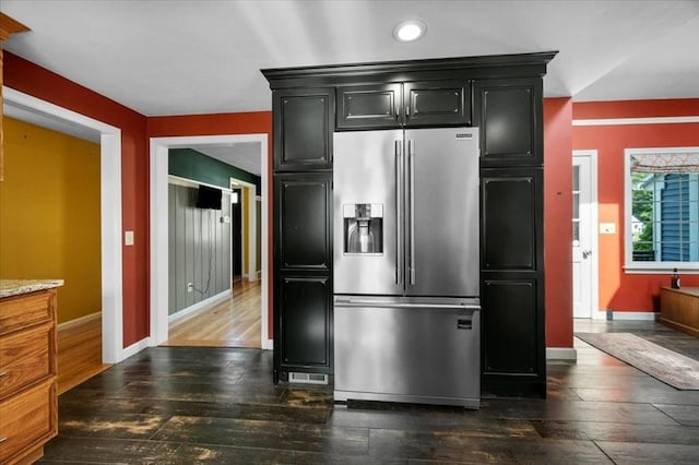 7 Scenic Dr, Wilbraham, MA 01095 - kitchen with stainless steel fridge, dark wood-style floors, recessed lighting, dark cabinetry, and light stone countertops
