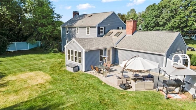 7 Scenic Dr, Wilbraham, MA 01095 - rear view of house featuring a chimney, a patio area, a shingled roof, and an outdoor living space