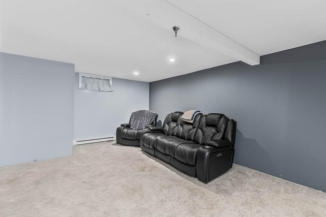 66 Barnum St, Taunton, MA 02780 - home theater with carpet, baseboard heating, recessed lighting, and beam ceiling