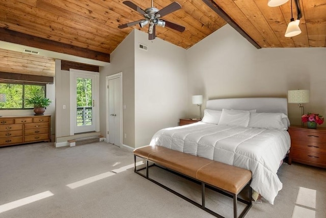 carpeted bedroom featuring wood ceiling, vaulted ceiling, baseboards, ceiling fan, and access to exterior