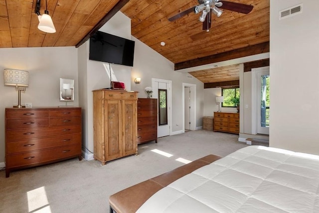 bedroom with wood ceiling, light colored carpet, baseboards, and ceiling fan