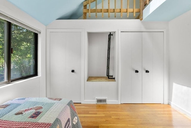 bedroom featuring wood finished floors, multiple closets, and lofted ceiling