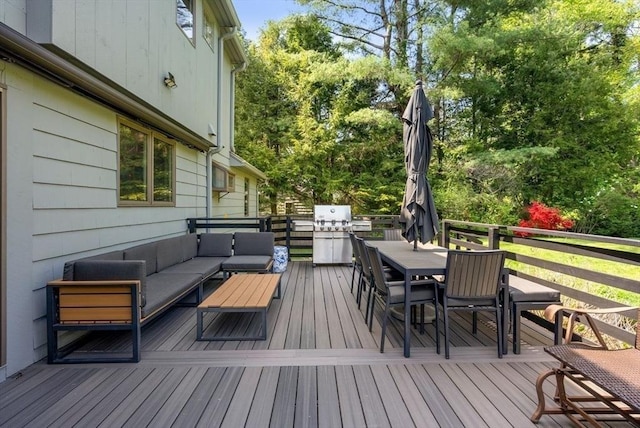 wooden deck featuring an outdoor living space and outdoor dining space