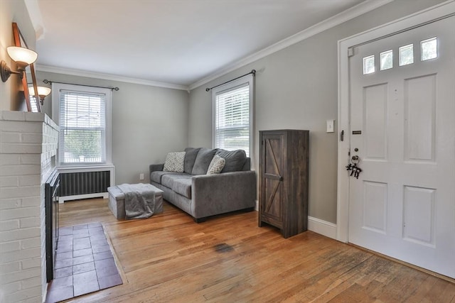 10 Hemenway St, Methuen, MA 01844 - entrance foyer featuring radiator, light wood-style flooring, ornamental molding, a brick fireplace, and baseboards