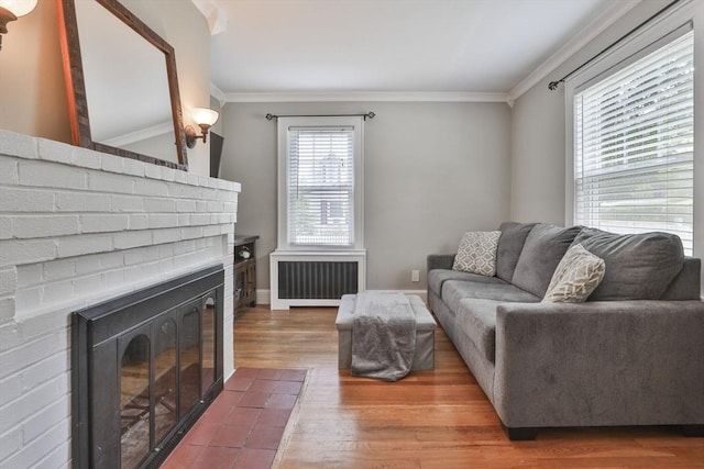 10 Hemenway St, Methuen, MA 01844 - living area with radiator heating unit, wood finished floors, a fireplace, and crown molding