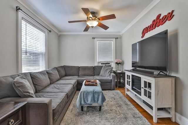 10 Hemenway St, Methuen, MA 01844 - living area with ceiling fan, crown molding, and wood finished floors