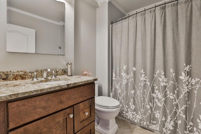 10 Hemenway St, Methuen, MA 01844 - bathroom featuring crown molding, vanity, toilet, and curtained shower