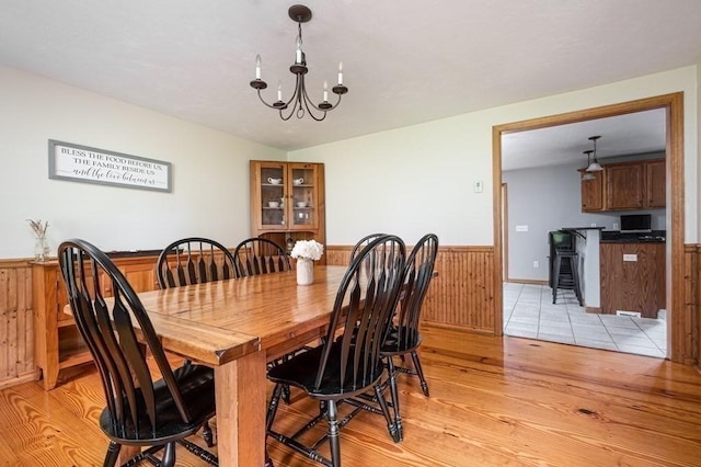 10 Tobin Dr, Dudley, MA 01571 - dining space with a wainscoted wall, a chandelier, light wood-style flooring, and wooden walls