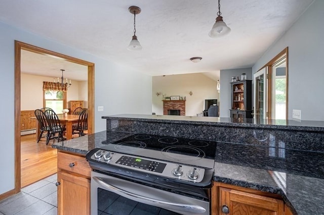 10 Tobin Dr, Dudley, MA 01571 - kitchen featuring electric stove, a baseboard radiator, hanging light fixtures, and a chandelier