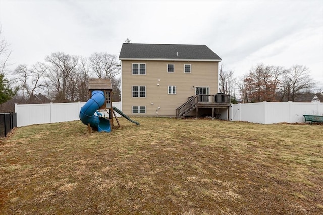 225 Salem Rd, Dracut, MA 01826 - rear view of house with a playground, stairway, a wooden deck, and central air condition unit
