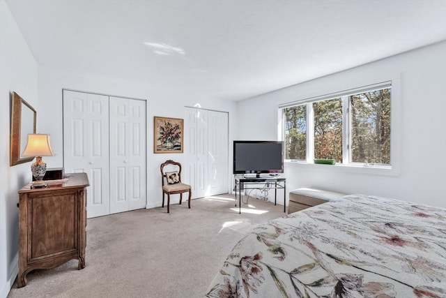 bedroom with two closets and light colored carpet