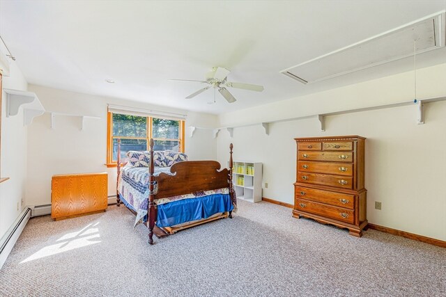 carpeted bedroom featuring ceiling fan and a baseboard radiator