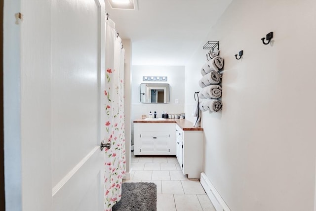 719 College Hwy, Southwick, MA 01077 - full bathroom with tile patterned floors, vanity, tasteful backsplash, and a shower with shower curtain