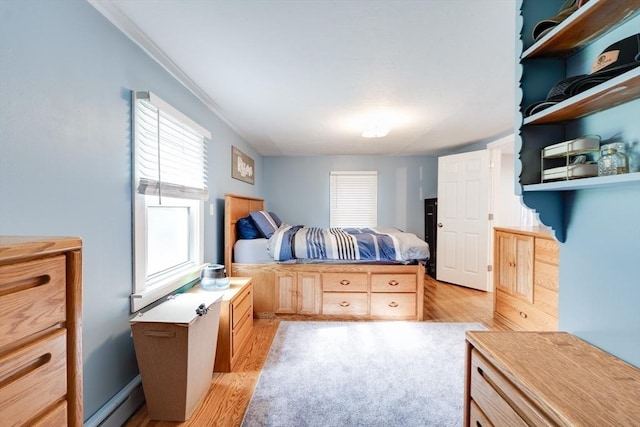 719 College Hwy, Southwick, MA 01077 - bedroom featuring light wood finished floors, a baseboard heating unit, and ornamental molding